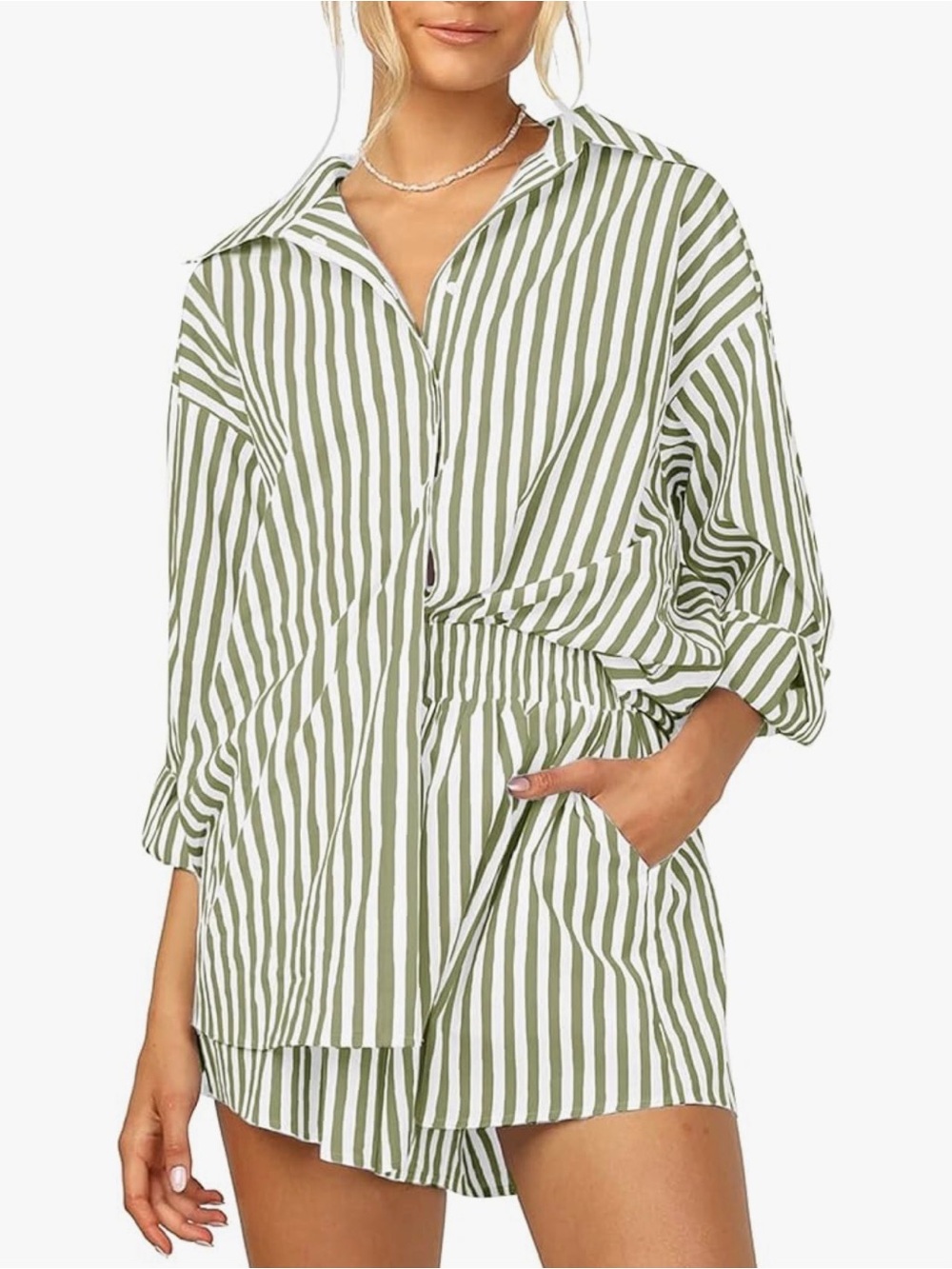 Striped Green and White Shirt & Shorts Set - pool cover up